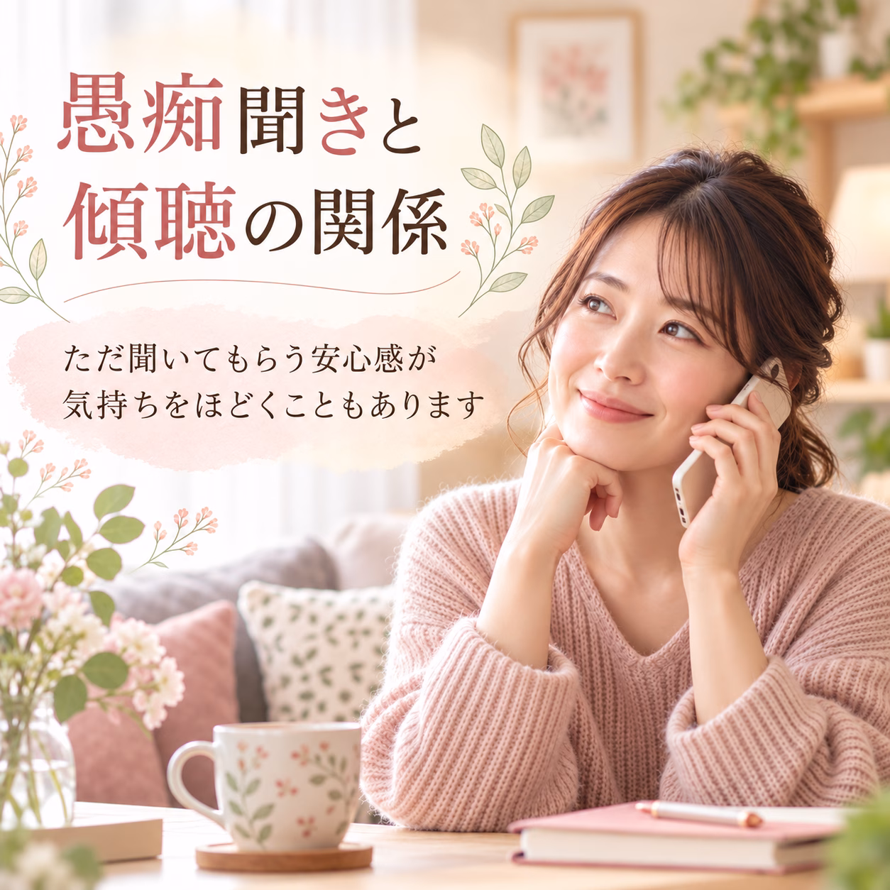 電話で話を聞くサービスを伝える日本語の広告バナー。花の装飾と柔らかなピンク背景の中、スマホで話す女性が微笑む。