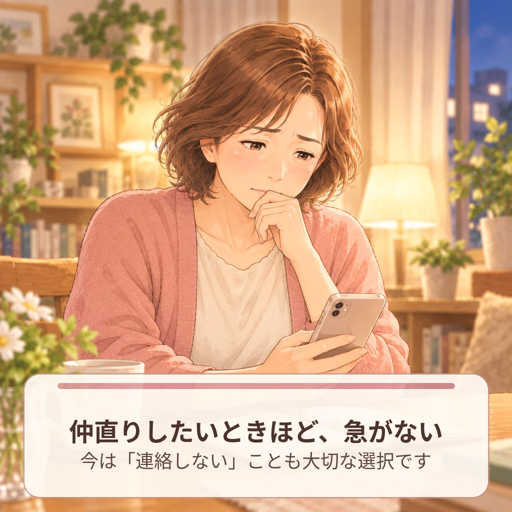 Cozy cafe scene with a woman in a pink cardigan looking worried at her phone; overlay text says: '仲直りしたいときほど、急がない'.