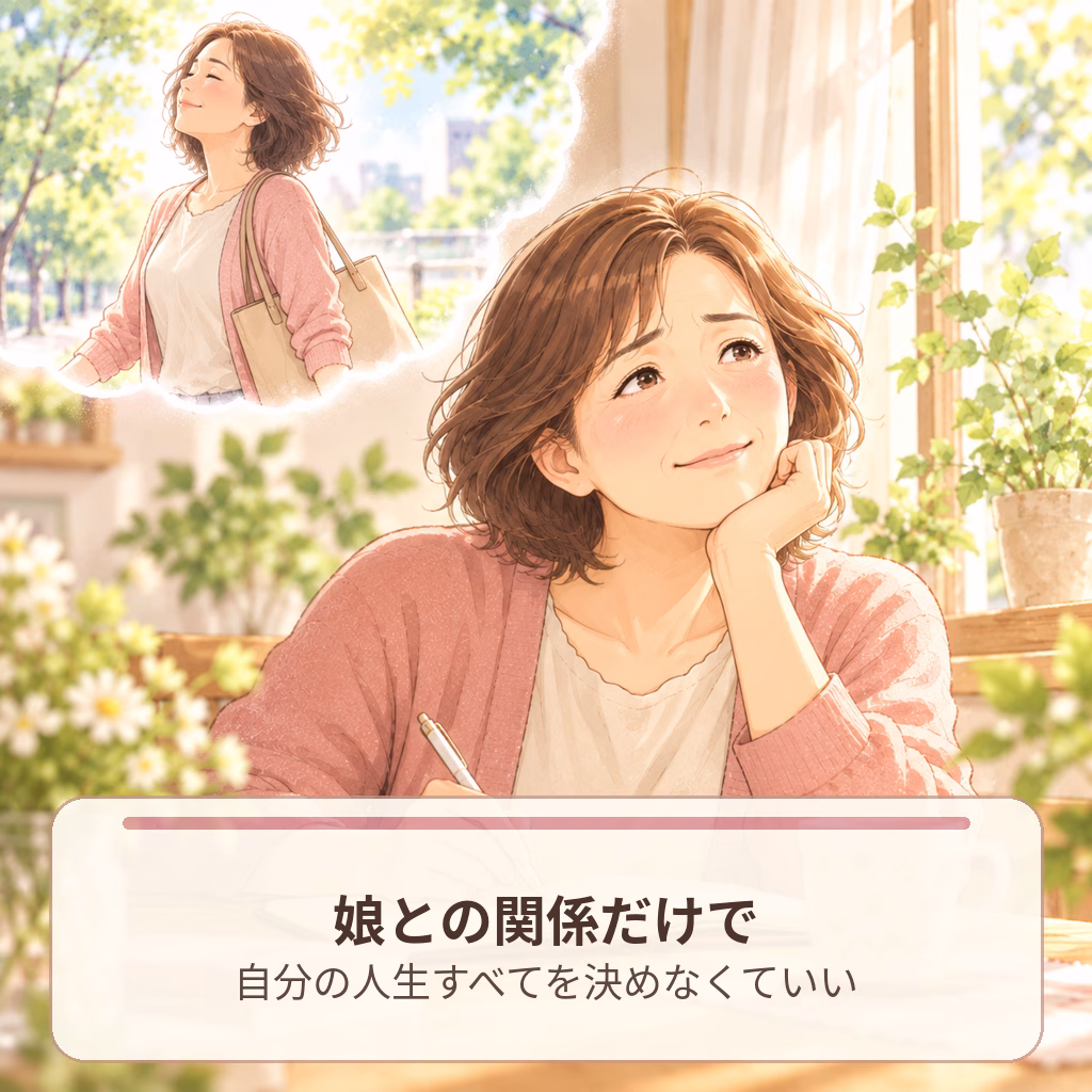 Woman in a pink cardigan sits at a sunlit cafe, gazing thoughtfully, with a thought bubble showing a younger version of herself walking outside; includes a footer banner in Japanese about not letting her life be defined by her relationship with her daughter.