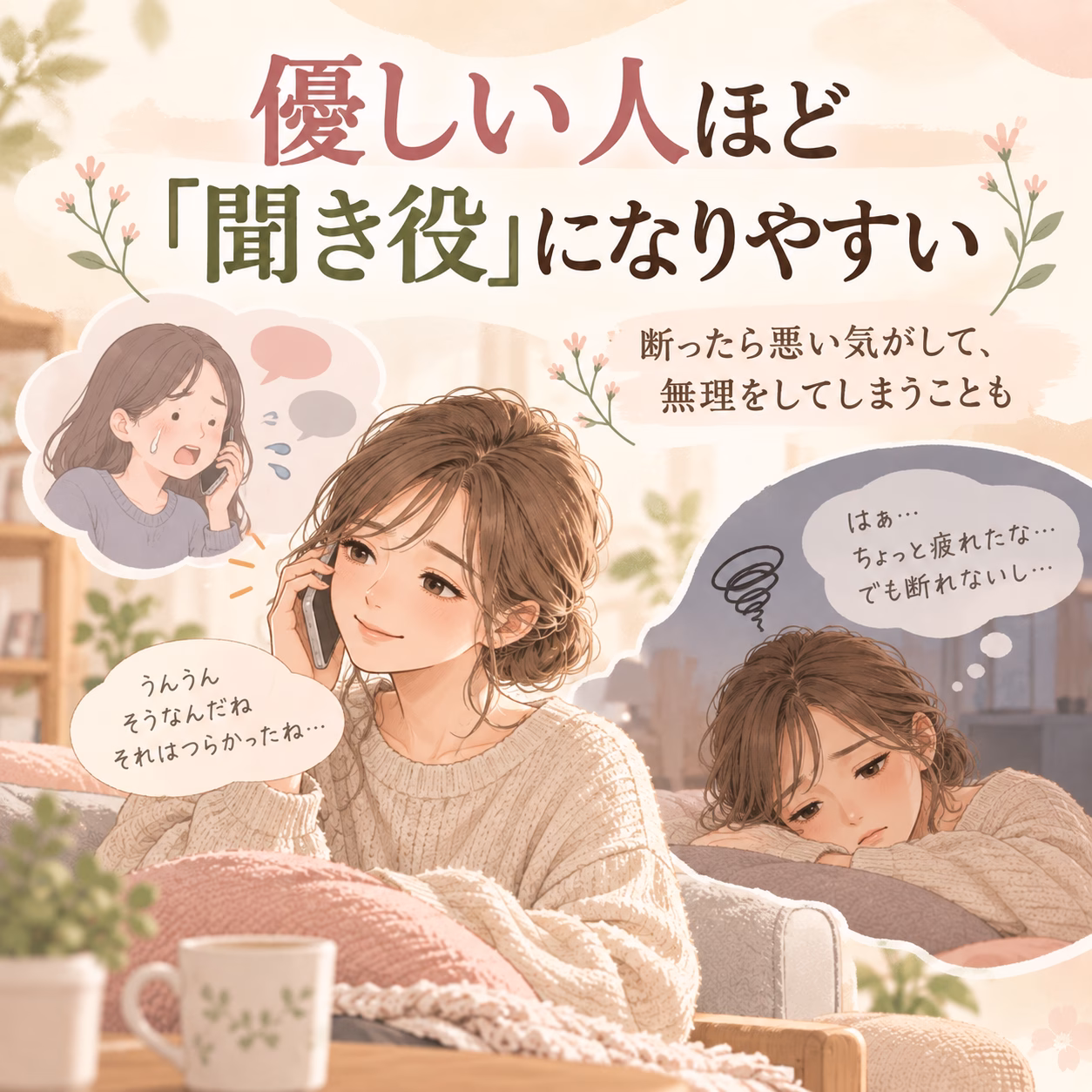 Two women sit and lie on a cozy sofa, talking on phones in a pastel, floral room; large Japanese text on the image promotes kindness and listening.