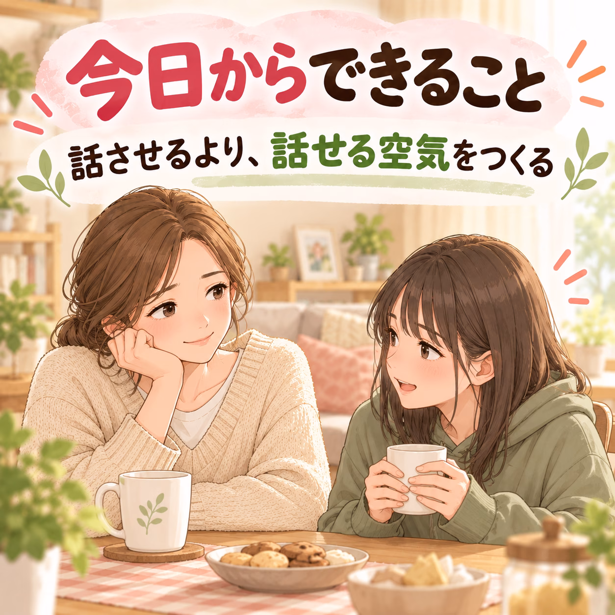 Two women chat warmly at a table with tea and cookies in a cozy room; large Japanese text banner above.