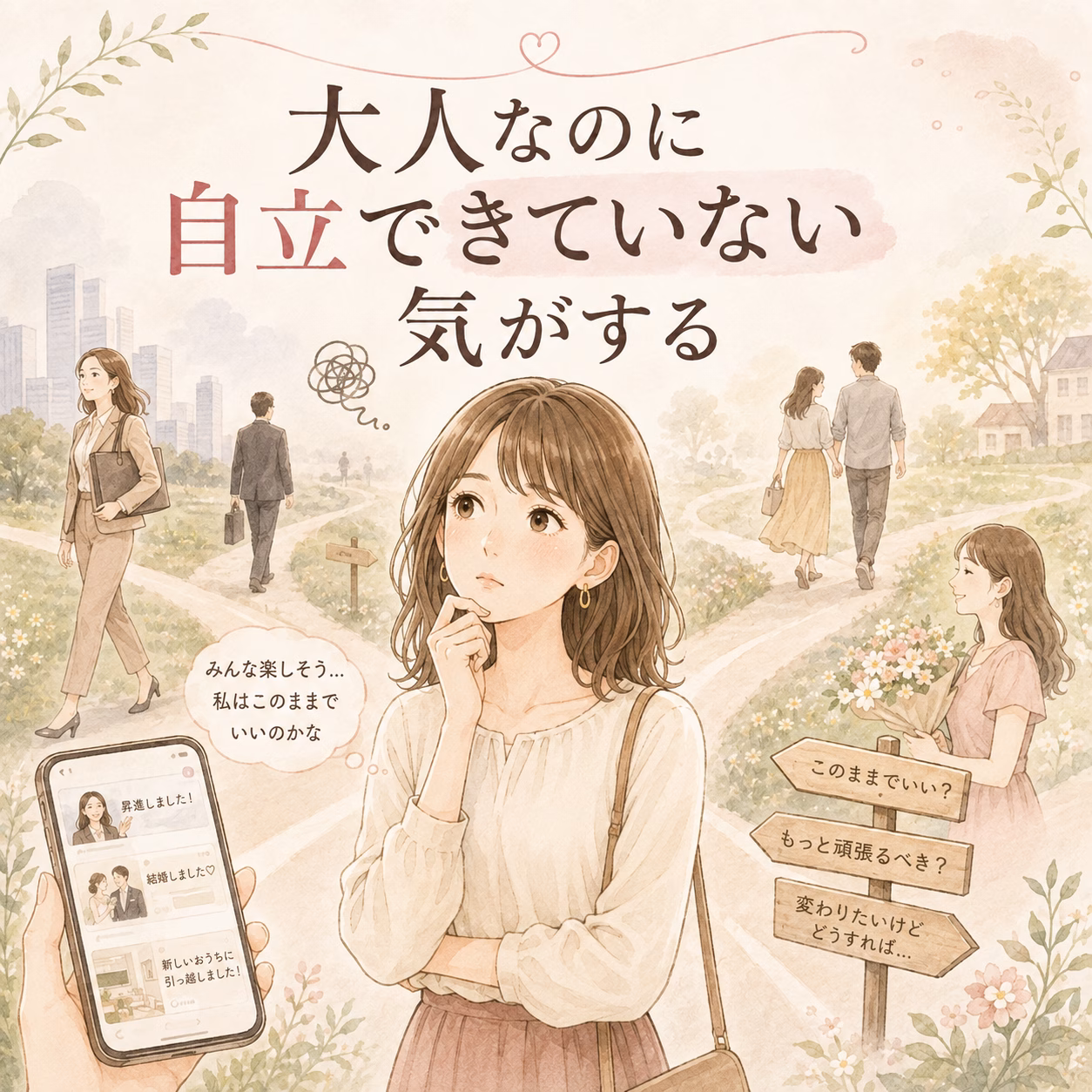Young woman stands on a pastel path, pondering, with a thought bubble and a smartphone showing posts as friends walk nearby in a dreamlike park scene.