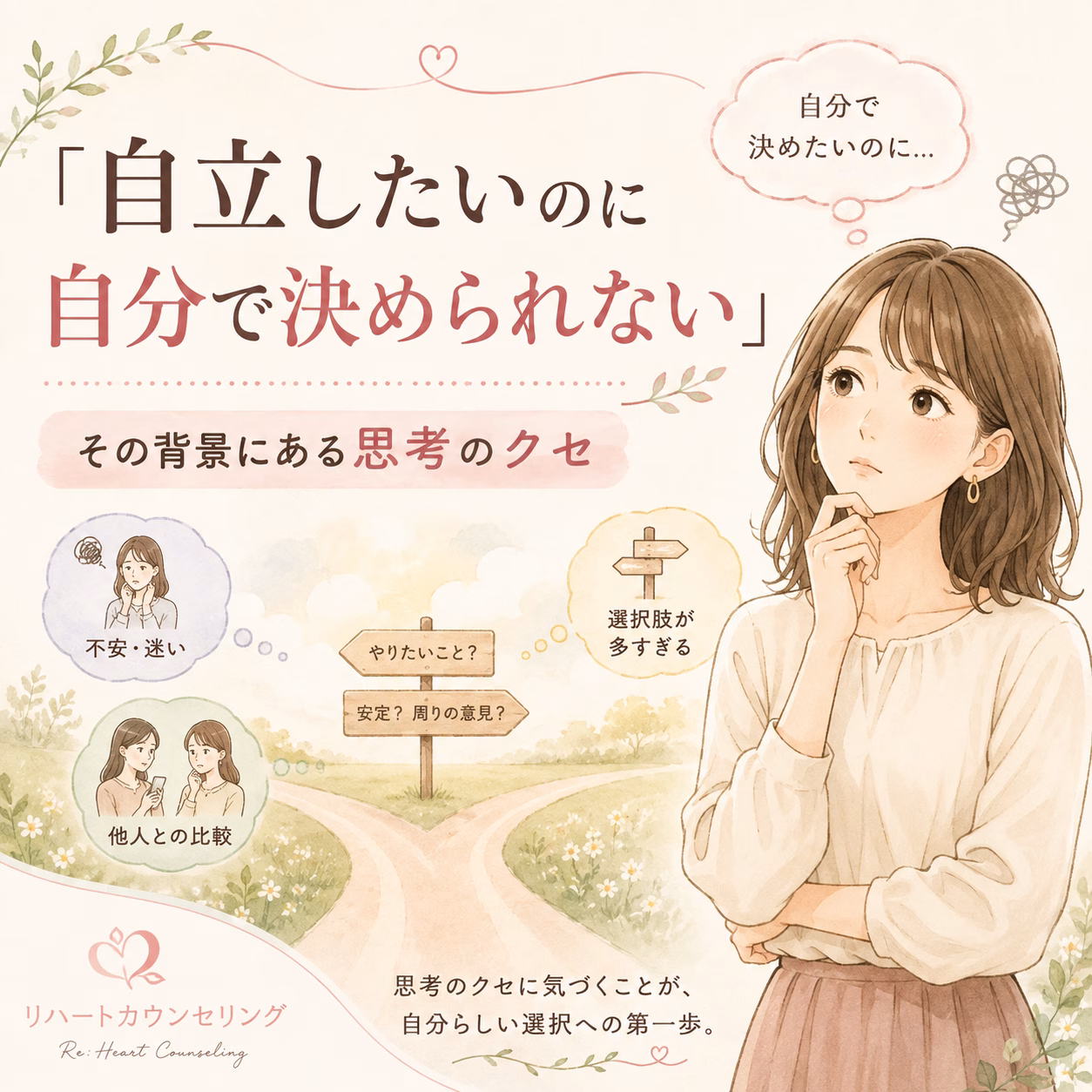 大人なのに自立できないと感じるのはなぜ自分で決められない背景にある思考のクセ | リハートカウンセリング.com|傾聴で思考のクセを整え、生きにくさを軽くする電話・オンライン相談 「大人なのに自立できない」と感じるのはなぜ?自分で決められない背景にある思考のクセ