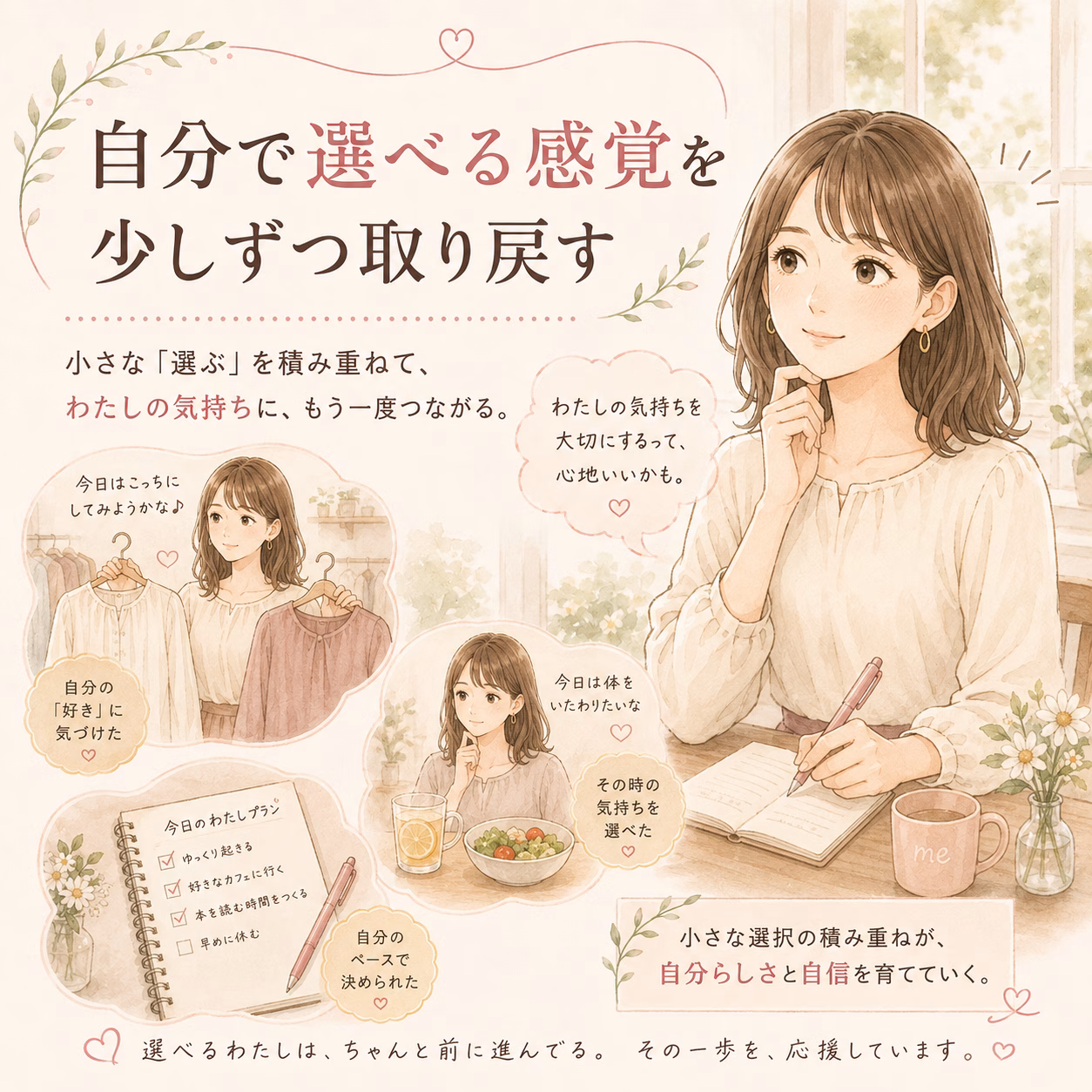 Soft pastel illustration of a woman writing at a desk with a notebook, coffee mug, and small panels showing self‑care choices; message about choosing how you feel and growing self‑confidence is conveyed throughout the scene.