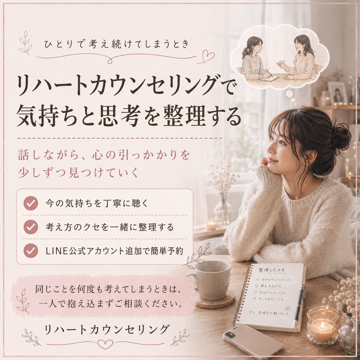 同じことを何度も考えてしまうときは、リハートカウンセリングへ