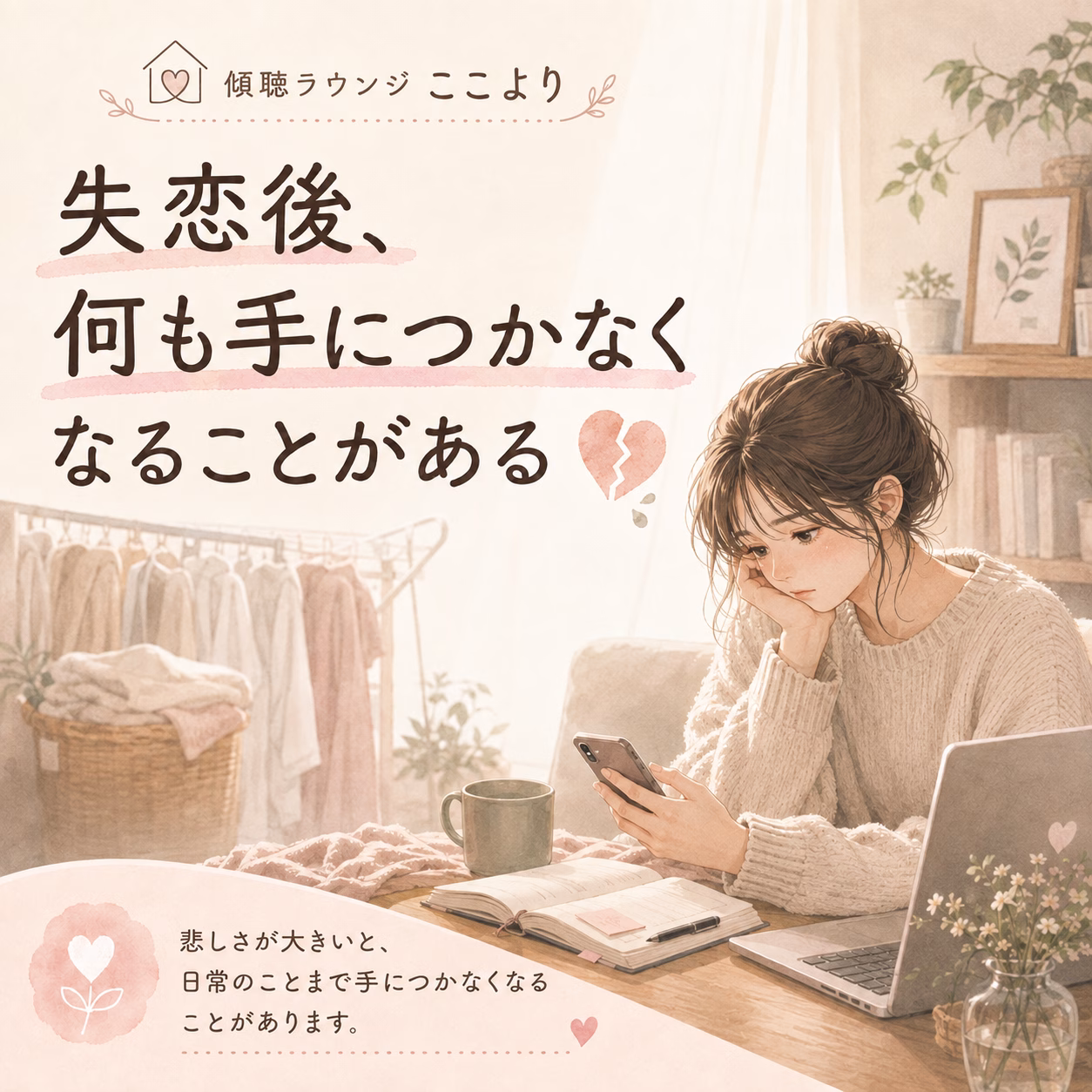 Soft pastel illustration of a sad young woman at a cozy desk, looking at her phone with a laptop and notebook nearby, while warm text in Japanese appears about heartbreak and feeling unproductive.