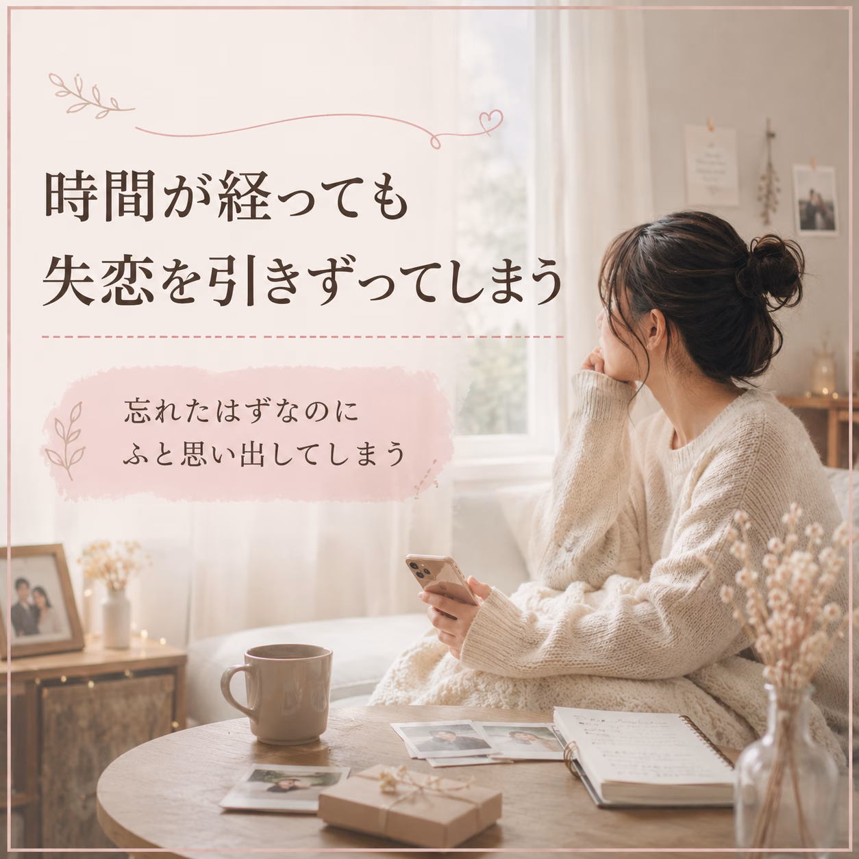 暖かい部屋でスマホを手に座る女性。左に大きな日本語のメッセージが表示された居心地の写真。妻のような柔らかな光の室内。