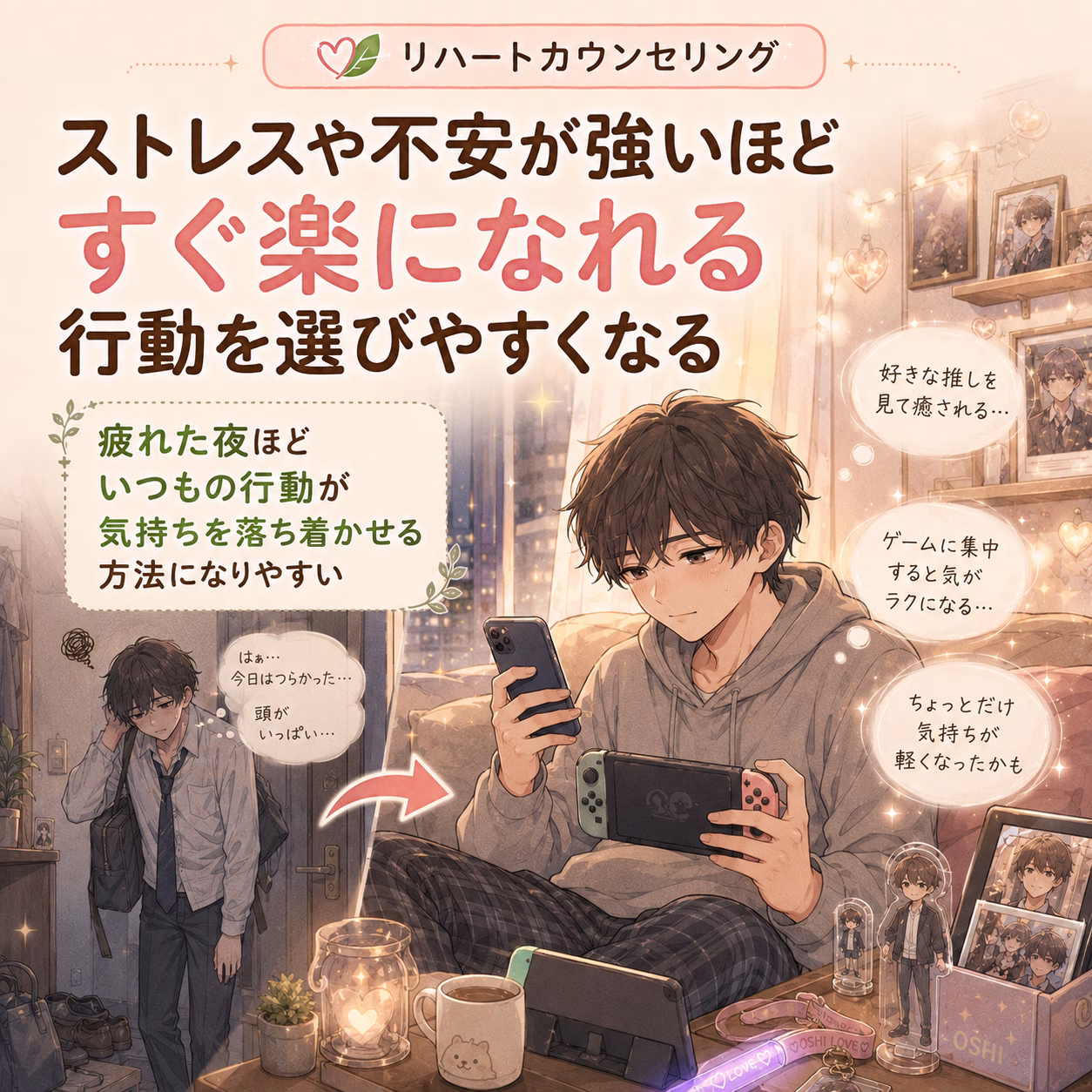 ストレス緩和を促す広告イラスト。部屋でゲーム機を操作する若い男性と周囲の暖かい雰囲気。