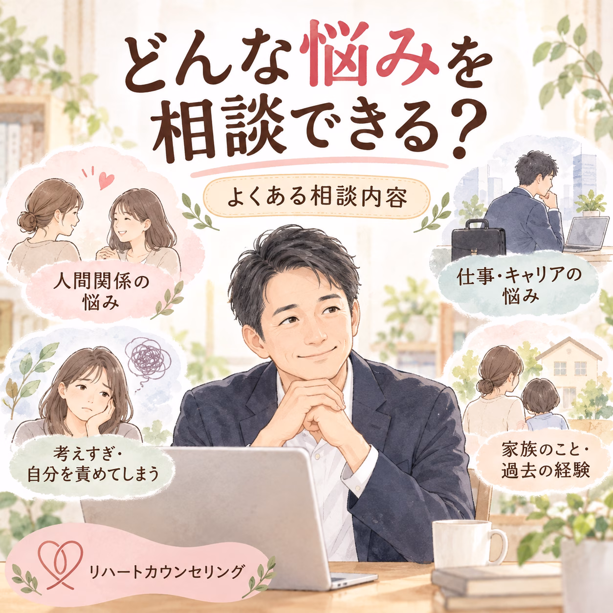 リハートカウンセリングでは何を相談できるよくある悩みと相談内容 | リハートカウンセリング.com|傾聴で思考のクセを整え、生きにくさを軽くする電話・オンライン相談 リハートカウンセリングでは何を相談できる?よくある悩みと相談内容
