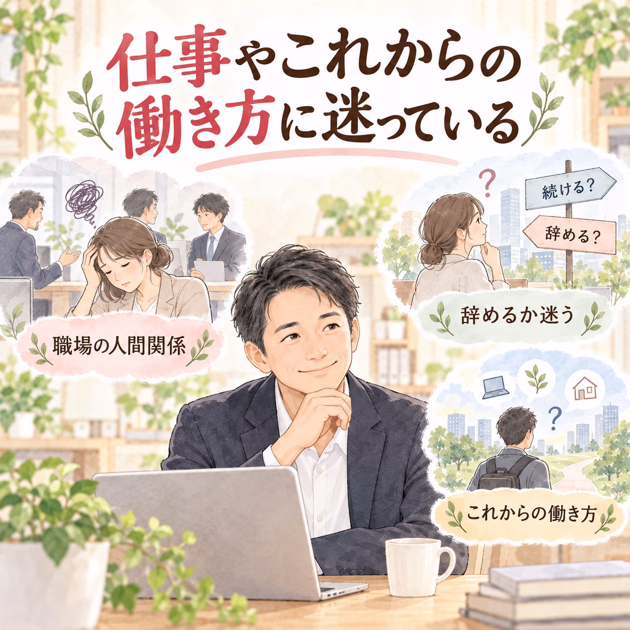 Illustration of a thoughtful man in a suit at a laptop, surrounded by scenes about workplace relationships and future work styles in soft colors.