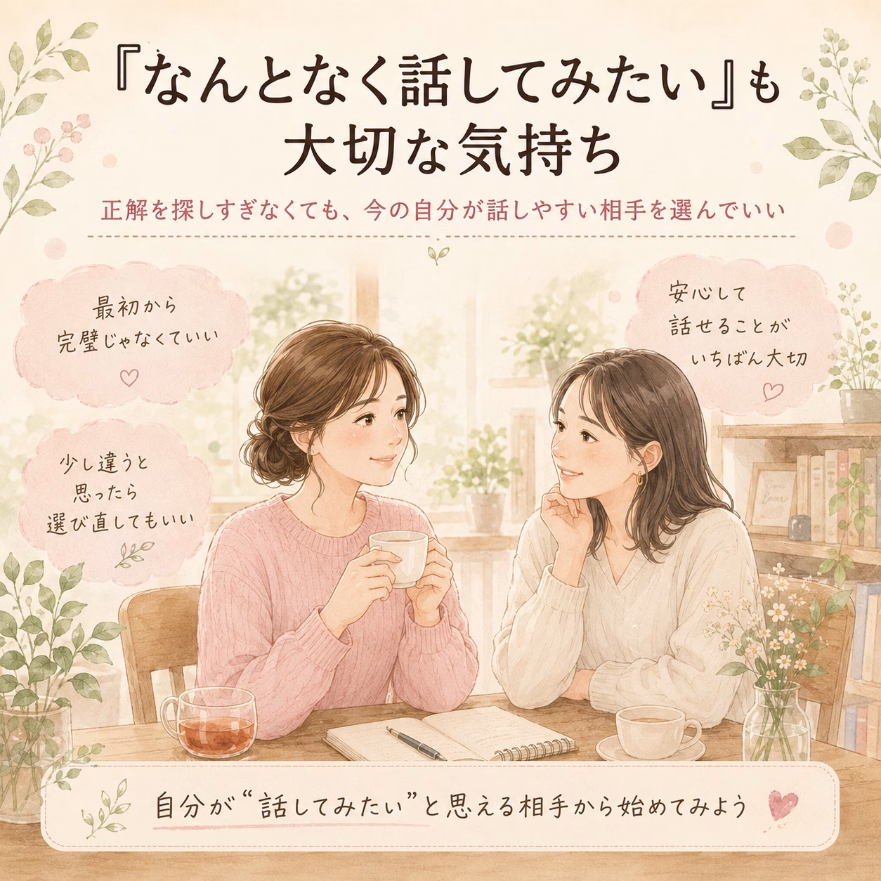Two women sit at a wooden table in a cozy, plant-filled cafe, chatting over tea with a notebook nearby (soft pastel illustration).