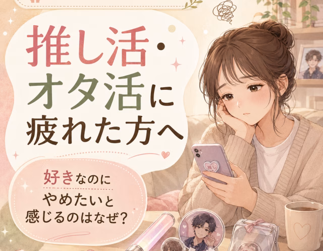 Pastel illustration of a tired young woman in a cozy room, scrolling on her phone among idol merchandise and cute items, with Japanese text about feeling worn out from otaku activities.