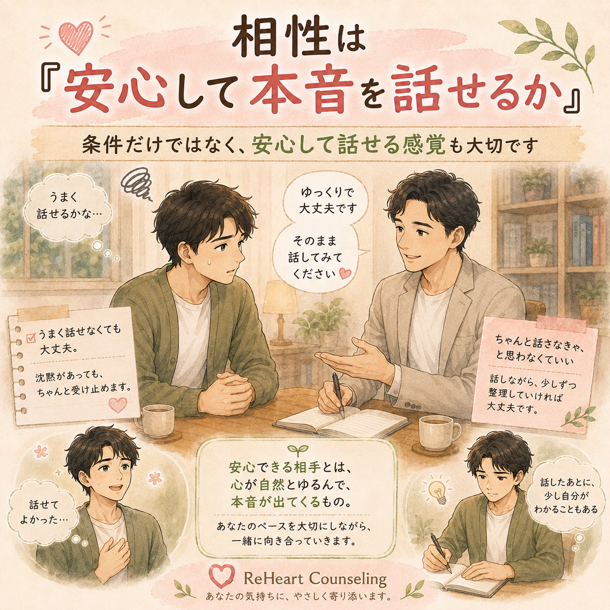 Two men sit at a cozy counseling desk, talking and taking notes, with warm pastel background and Japanese text about speaking honestly and safely.