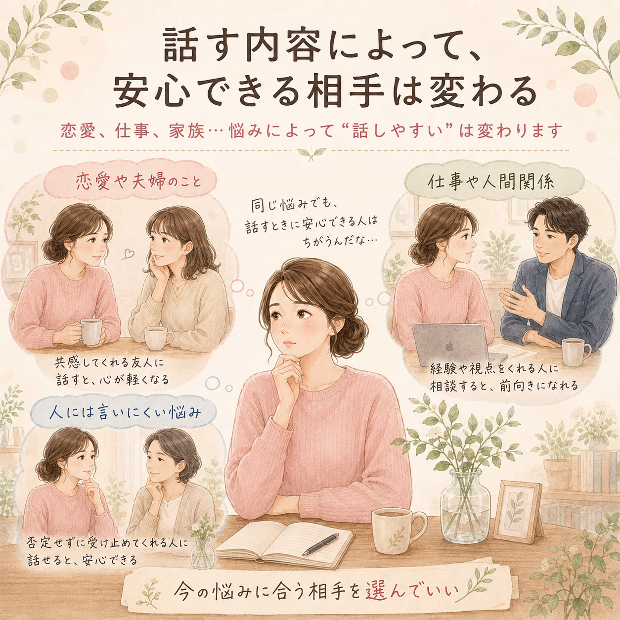 Soft pastel illustration of a woman in a pink sweater thinking, with scenes of friends chatting and a couple talking, conveying finding an easy-to-talk-to partner.