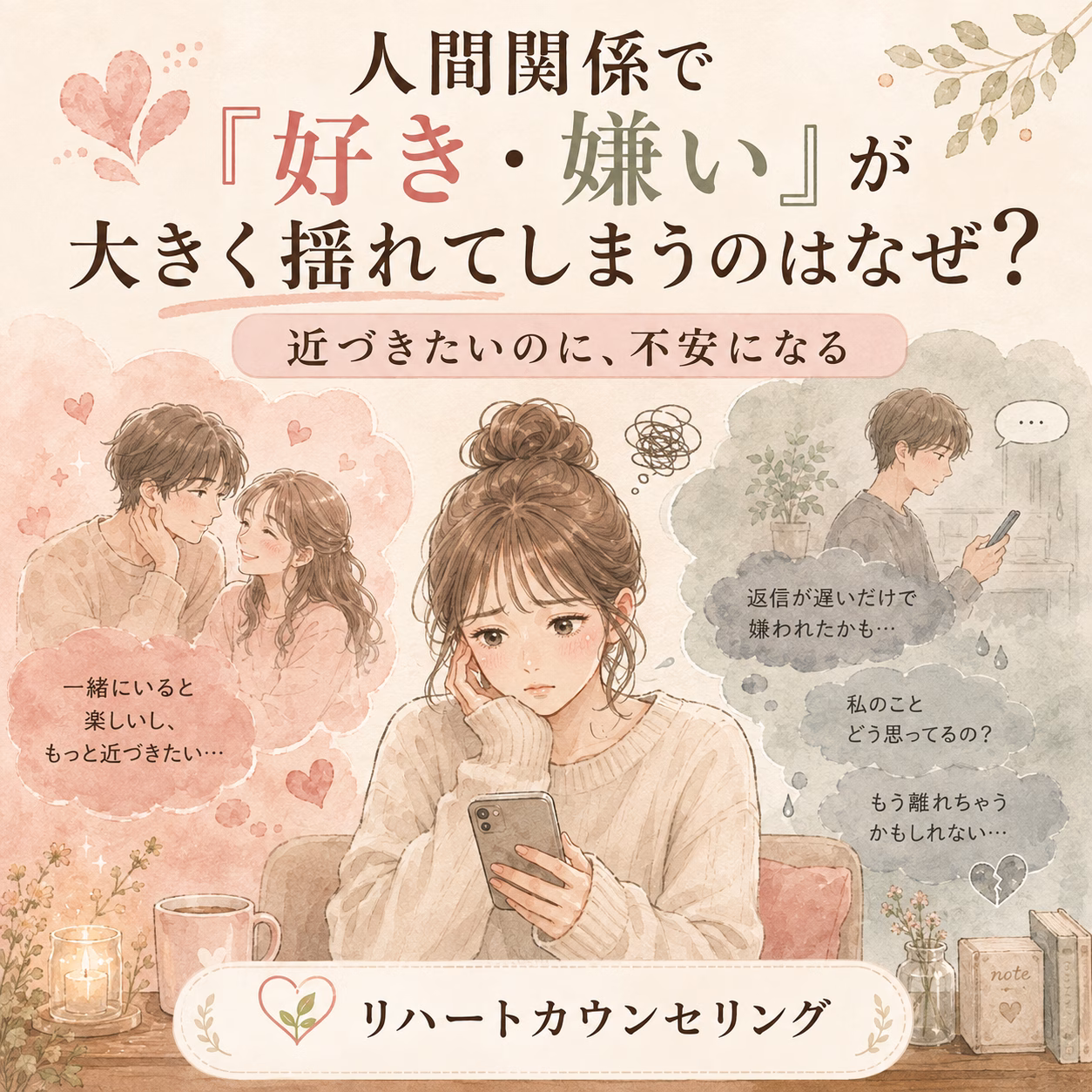 Soft pastel illustration of a woman looking worried at her phone, with romantic couple and a distant man in thought bubbles, conveying relationship anxiety and counseling theme.