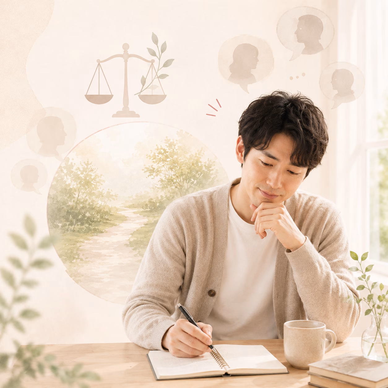 A man sits at a wooden desk, writing in a notebook and deep in thought, with a mug nearby and soft, abstract imagery in the background suggesting reflection or planning.