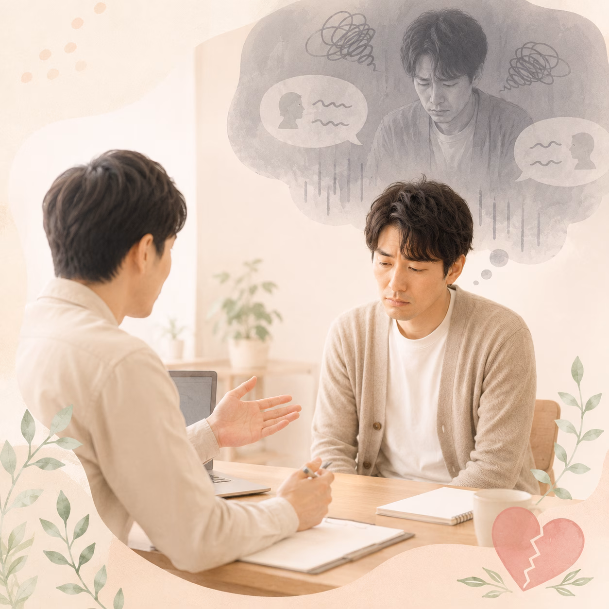 Counselor and client sit at a table in a calm room; the client looks thoughtful as the counselor gestures.