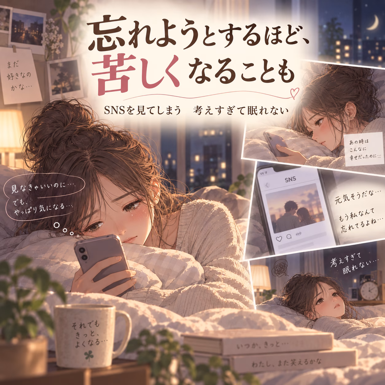 Manga-style cover: a girl lying in bed at night, scrolling her phone, with warm lights and SNS panels around her.