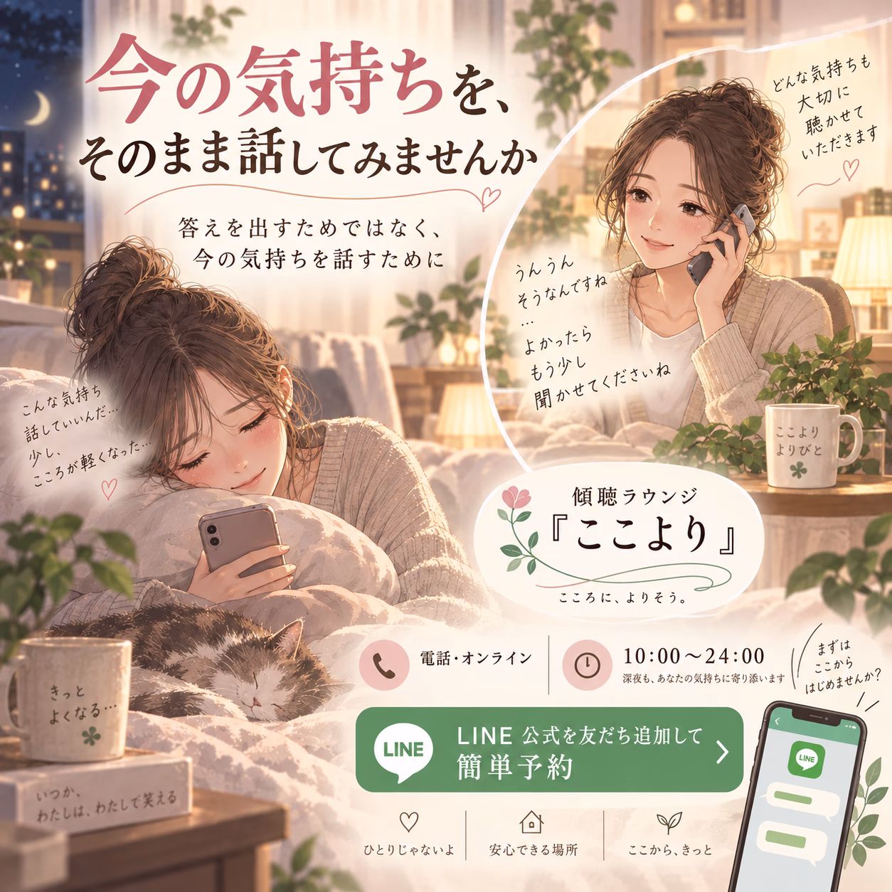 くつろぐ女性がソファでスマホを操作するラウンジ広告。LINE公式アカウント経由で予約を促すデザイン。狭いスペースに温かい色調の室内。readable textあり。