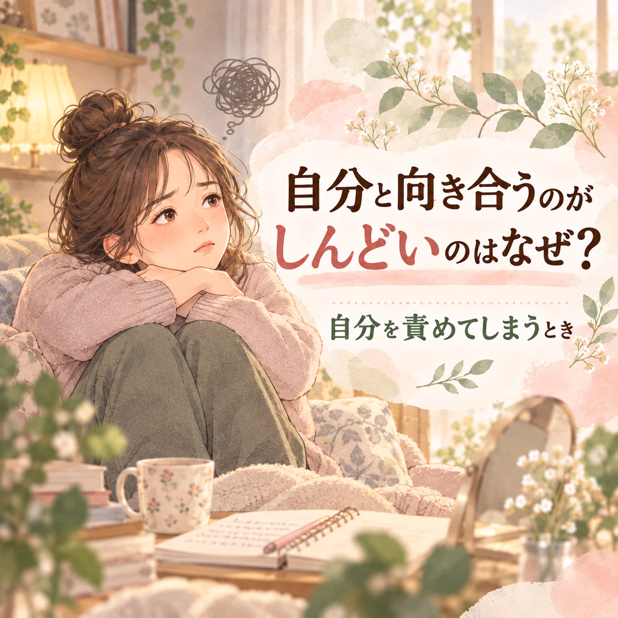 Illustrated girl in a pink sweater sits on a sofa, looking thoughtful in a cozy, floral room with Japanese book title text.