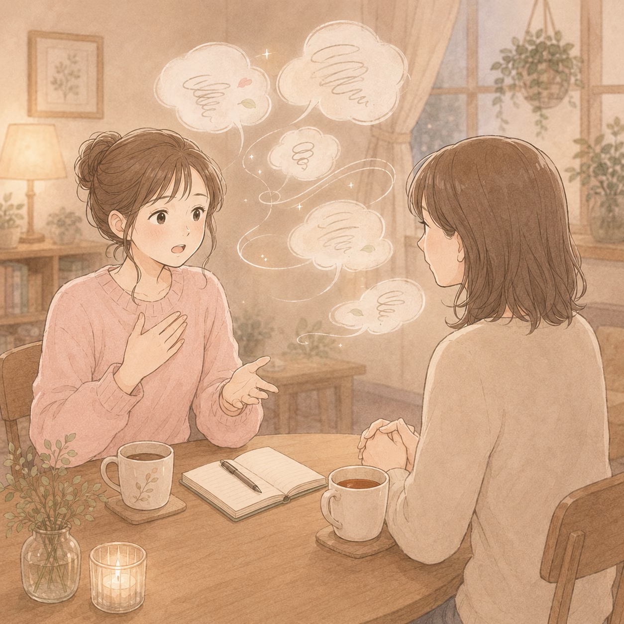 Two women converse at a cozy cafe table, with a notebook and mugs between them.