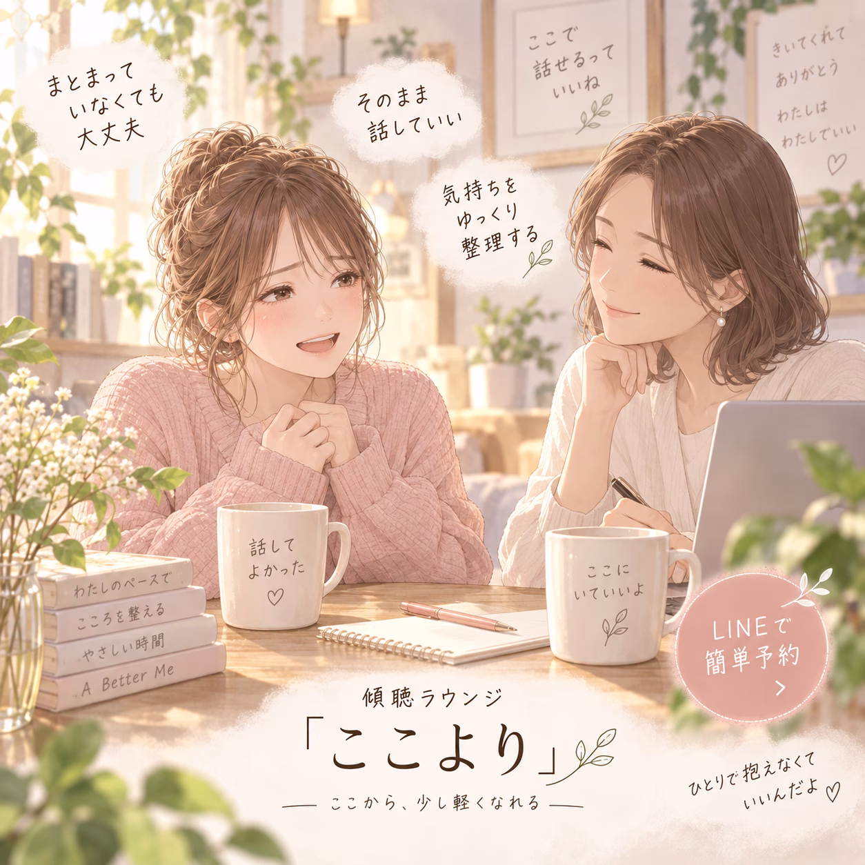 Two women chat warmly at a cozy cafe, with mugs, plants, and soft pastel tones in a wholesome, relaxed atmosphere.