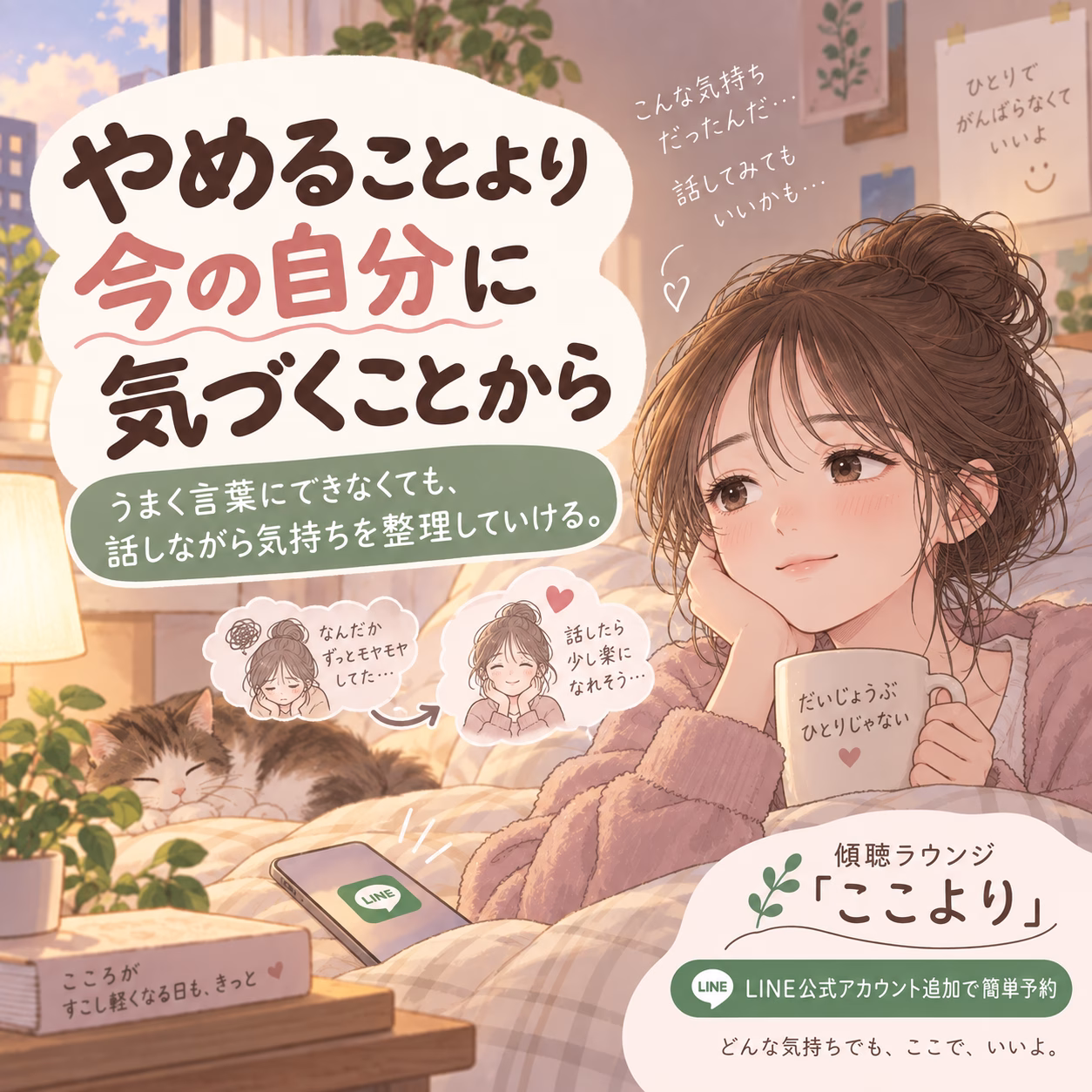Anime-style illustration of a girl in a cozy bedroom holding a mug, with plants and a cat nearby, and pastel text promoting a self-reflection lounge on LINE.