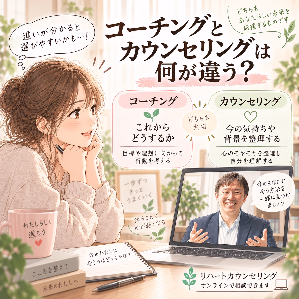 Illustration of a thoughtful woman with a pen, a laptop showing a coach on a video call, and Japanese text comparing coaching and counseling benefits.