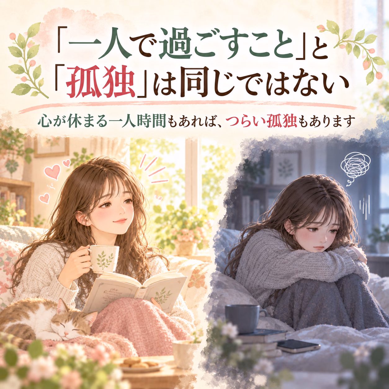 Two scenes of a young woman: on the left, she smiles while reading a book and sipping tea with a cat nearby in a sunny, cozy room; on the right, she sits sadly in a dim, blue-toned room with a scribbled spiral above her head, suggesting loneliness. The image is split to contrast warmth and loneliness, with Japanese text above.