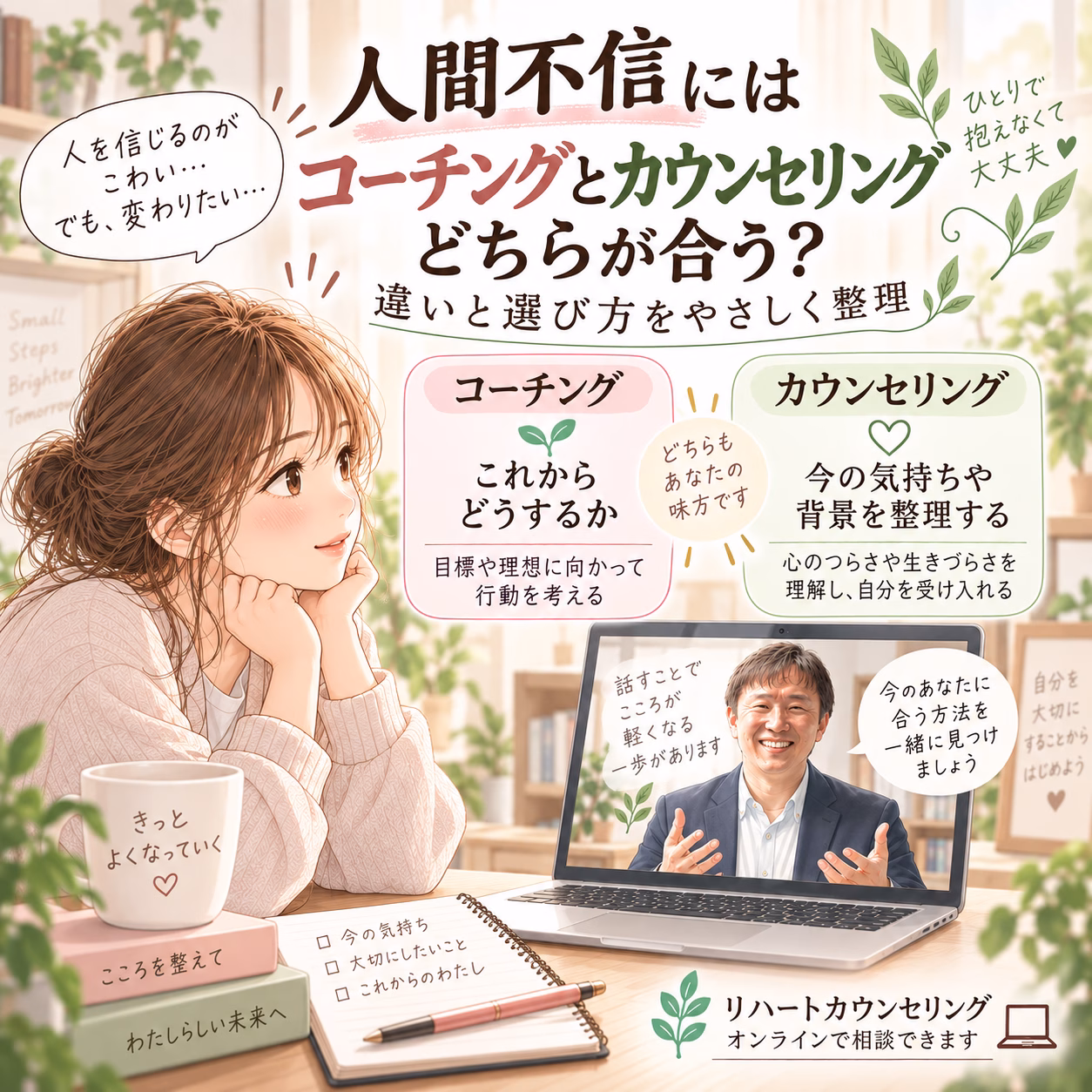 人間不信にはコーチングとカウンセリングどちらが合う違いと選び方 | リハートカウンセリング.com|傾聴で思考のクセを整え、生きにくさを軽くする電話・オンライン相談 人間不信にはコーチングとカウンセリングどちらが合う?違いと選び方