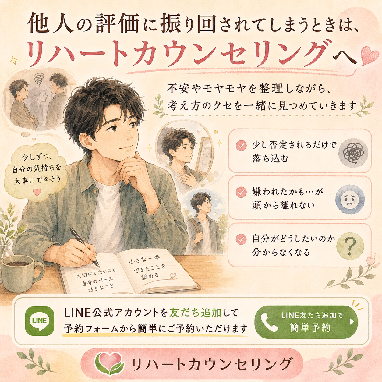 他人の評価に振り回されてしまうときは、リハートカウンセリングへ