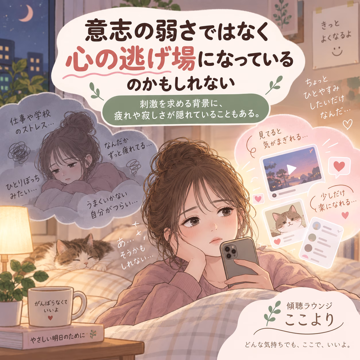 A woman in pastel pajamas lies in bed at night, scrolling on her phone, surrounded by thought clouds about stress, loneliness, and self-care; a cat sleeps nearby.
