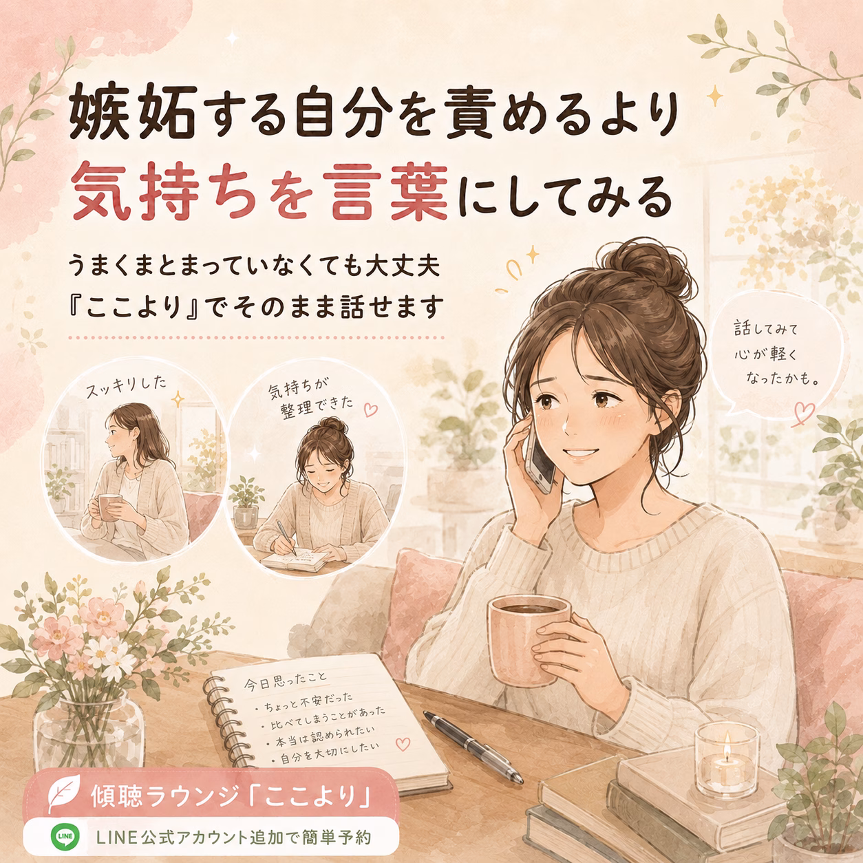 Woman in a cozy pastel illustration talking on her phone while holding a mug, at a desk with a notebook and candles, advertising a relaxation/chat service in Japanese.
