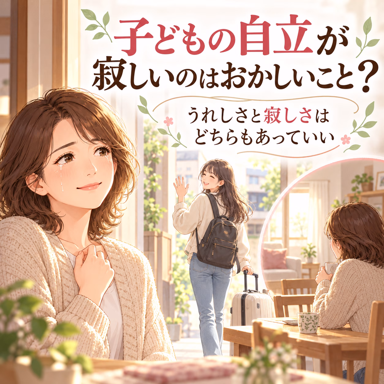 Japanese light novel cover: warm cafe scene with a smiling woman in the foreground, teary eyes, another woman with a backpack waving goodbye and pulling a suitcase, large Japanese title text.