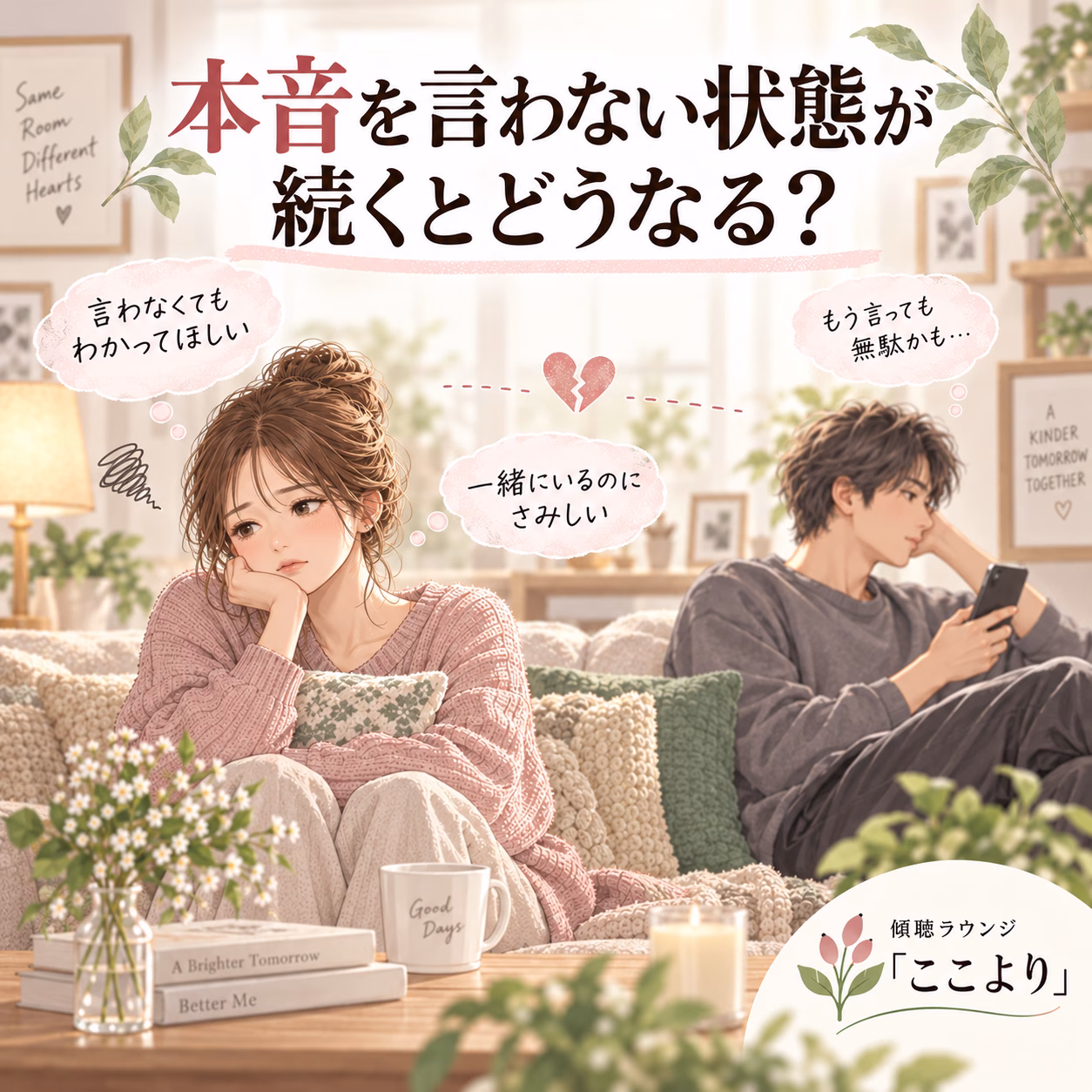 Cozy living room scene with a sad woman and distant man; thought bubbles and a broken heart imply relationship trouble. Japanese headline at top asks what happens if honesty is avoided.