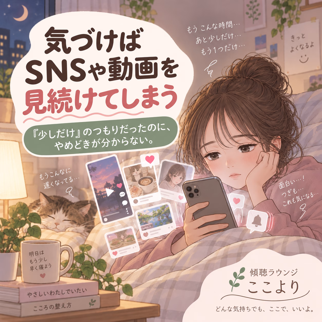 布団に包まりスマホを覗く女性のイラスト。SNSや動画を見続けてしまう話題を伝える表紙デザイン。大きな文字で『気づけば SNSや動画を見続けてしまう』と書かれている。夜の部屋と猫、温かな雰囲気のリラックス画面。ゲームカードのようなSNSカードが周囲に浮かぶ。身体と心を休めるメッセージ性を持つビジュアル。」「スマホを手にする女性が布団の上でくつろぐ様子。大きな文字で『気づけば SNSや動画を見続けてしまう』と表示され、周囲にはSNS風カードが飛び交う情報シーン。穏やかな夜の雰囲気の表紙。」「リラックスした寝室でスマホを見る女性。SNSや動画の通知カードが周囲に浮かぶ様子を描き、“気づけば…”という題名が強調された表紙イラスト。」]} }}}? Wait need proper JSON with array. Remove extraneous. Provide 3 options. Let's fix. The required format is {