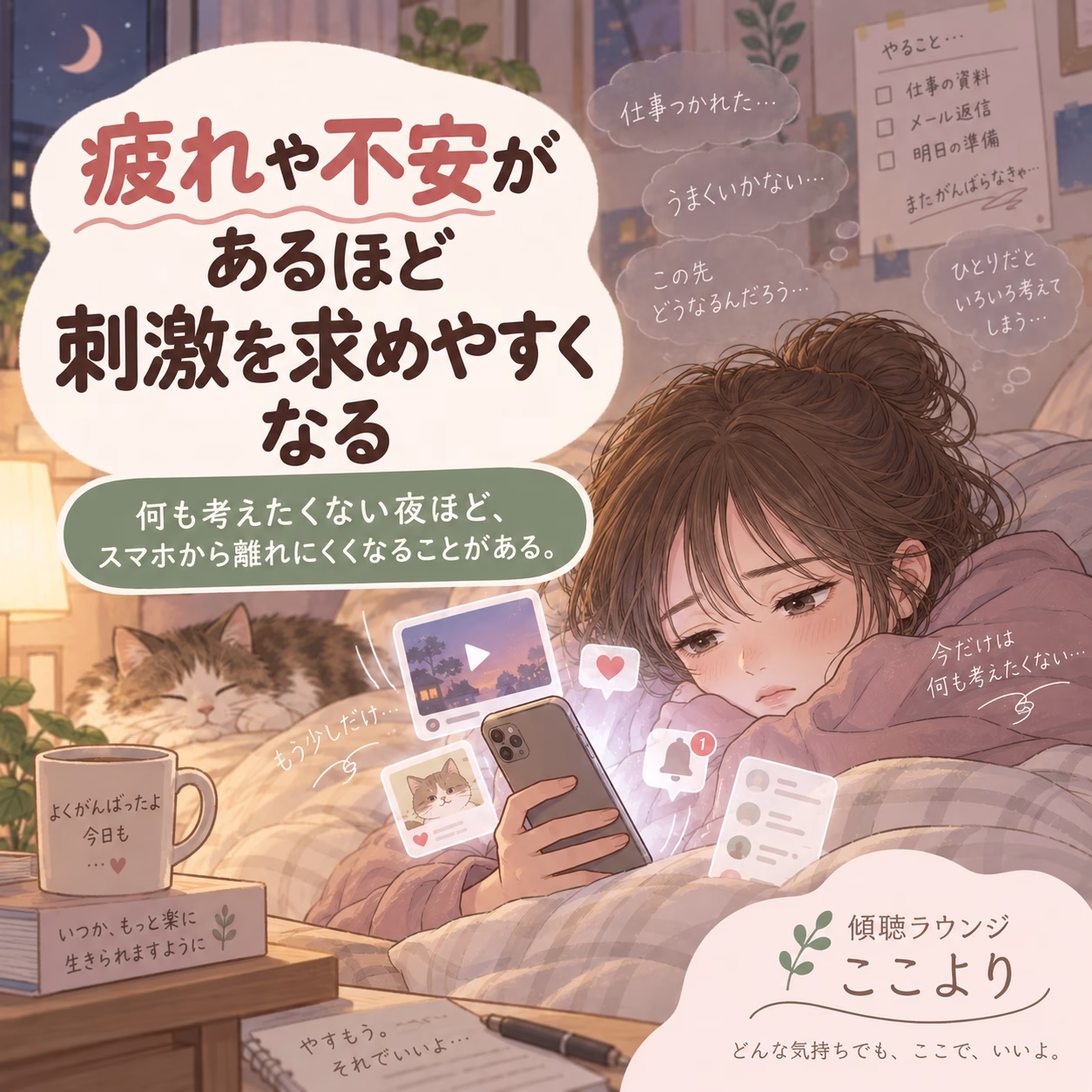 布団でスマホを覗く疲れた女性。猫と温かな室内、浮かぶ吹き出しに不安と刺激を求める気持ちが表現された表紙。