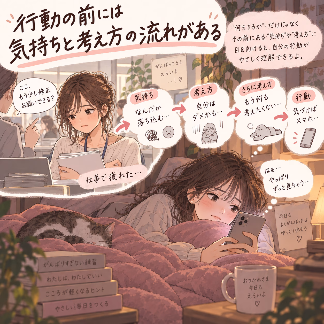 Young woman lies with a smartphone on a plush blanket, surrounded by thought bubbles about overthinking and self‑care steps in a cozy room (cat nearby).