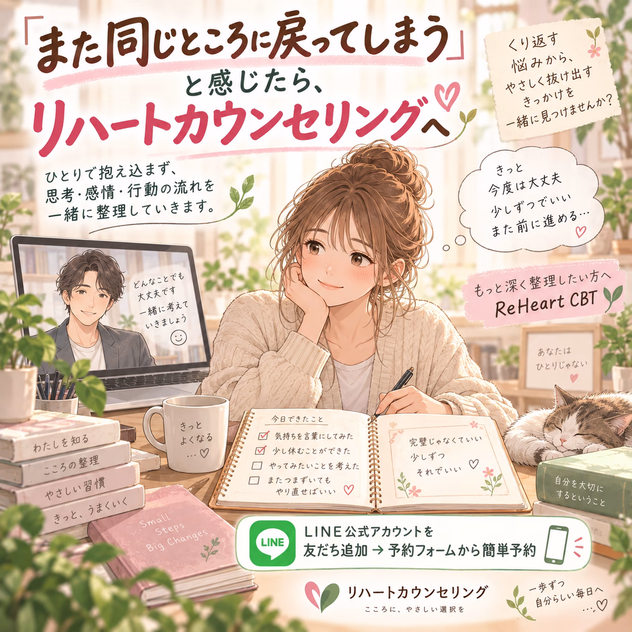 Soft, anime-style illustration of a woman at a cozy desk with a laptop, open notebook, mug, and a sleeping cat, promoting ReHeart CBT counseling.