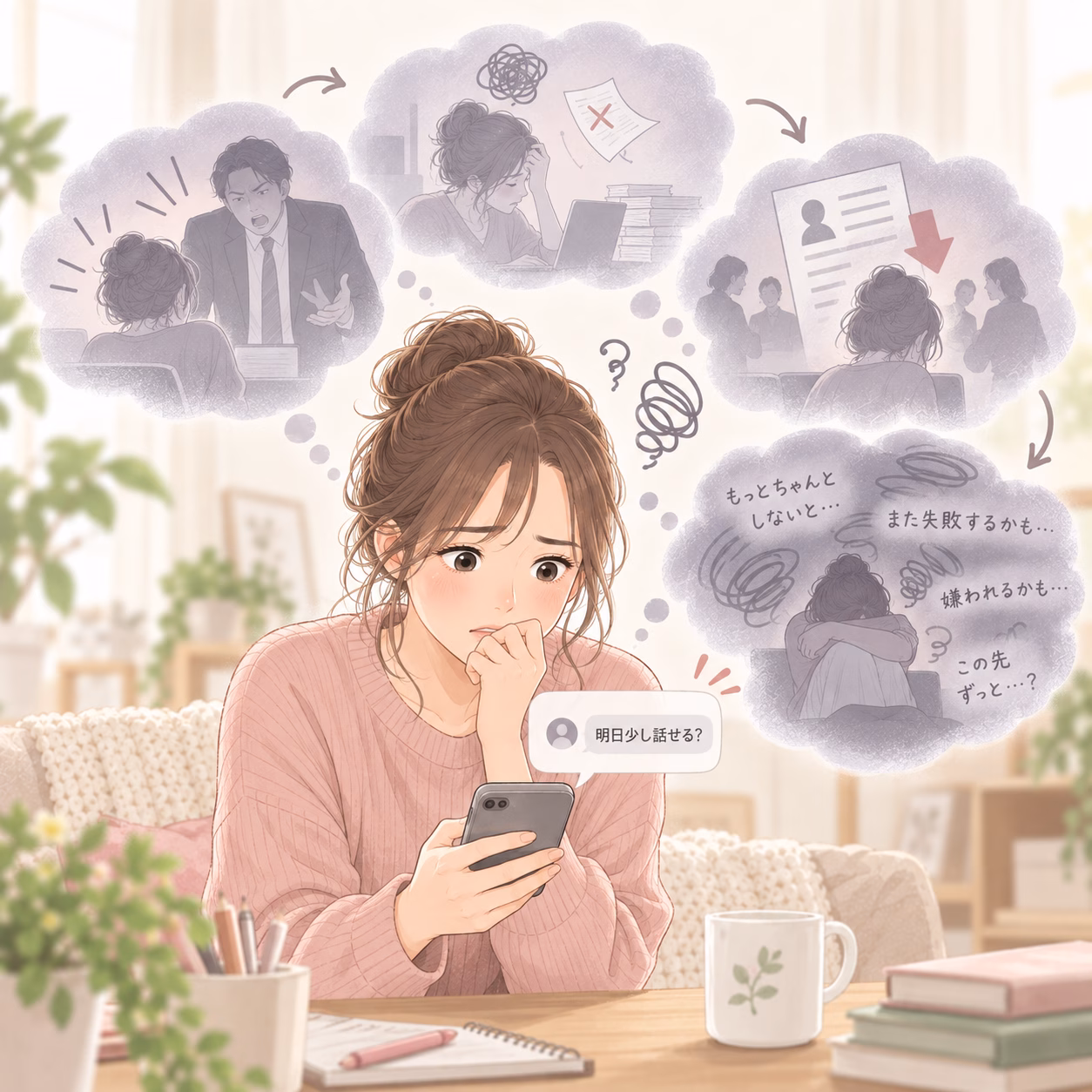 Young woman in a pink sweater sits at a table, anxious while looking at her phone, surrounded by thought bubbles about job stress and interviews.