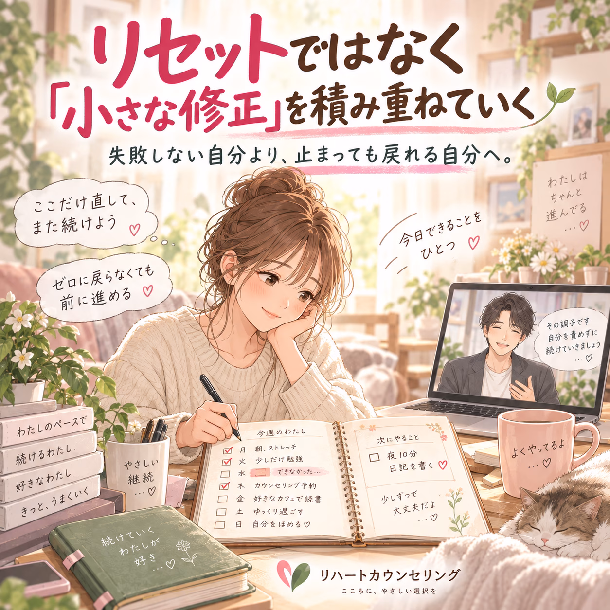 Cozy study scene of a woman planning her week with a laptop showing a cheerful mentor, surrounded by plants and notebooks for self-improvement.