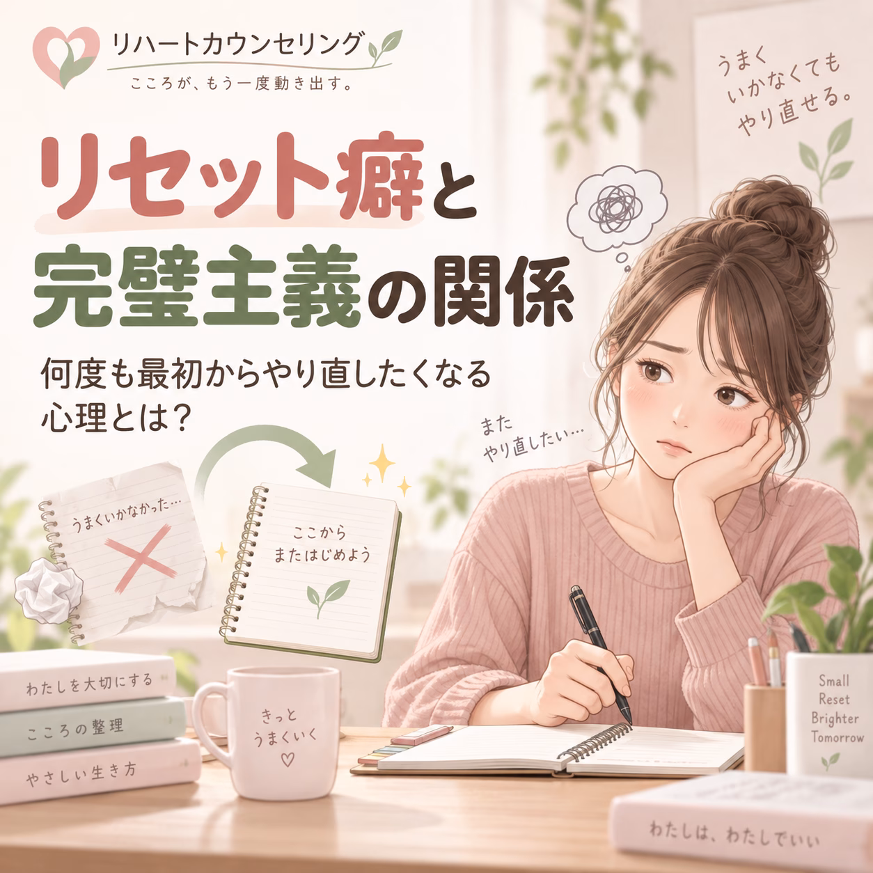 リセット癖とは何度も最初からやり直したくなる心理と完璧主義の関係 | リハートカウンセリング.com|傾聴で思考のクセを整え、生きにくさを軽くする電話・オンライン相談 リセット癖とは?何度も最初からやり直したくなる心理と完璧主義の関係