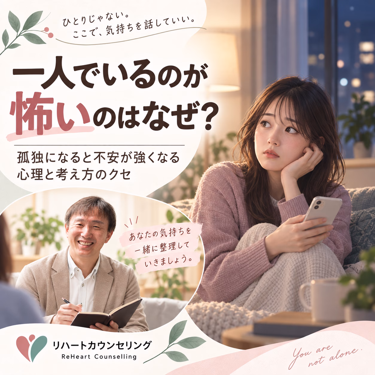 一人でいるのが怖いのはなぜ孤独になると不安が強くなる心理と考え方のクセ | リハートカウンセリング.com|傾聴で思考のクセを整え、生きにくさを軽くする電話・オンライン相談 Promotional image for ReHeart Counselling: a young woman sits on a sofa looking thoughtful with a smartphone, while a cheerful counselor appears in a circular frame, against a soft pastel design and supportive text.
