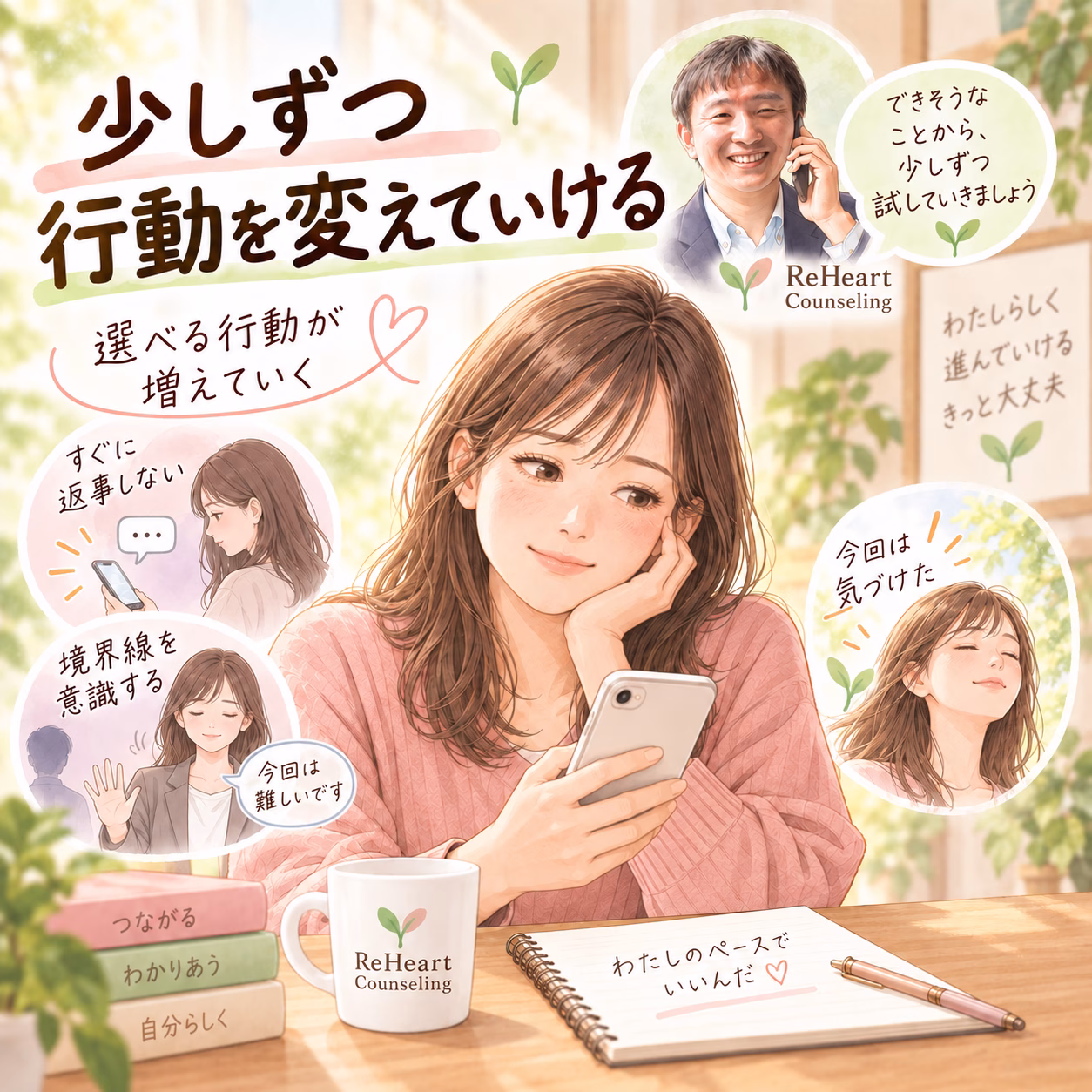 カフェ風のカウンセリング広告。スマホを手に取る女性が、少しずつ行動を変えることを示唆するイラスト。のんびりとした雰囲気で、周囲に小さな芽が描かれている。