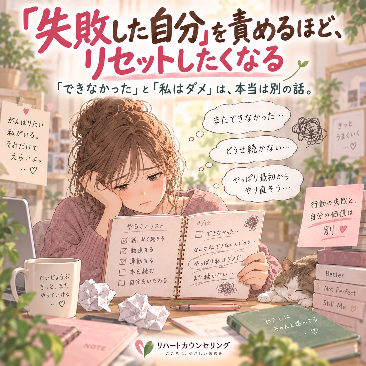 Young woman with wavy brown hair sits at a desk, resting her head on her hand while reading a notebook in a cozy, plant-filled room with a cat nearby.