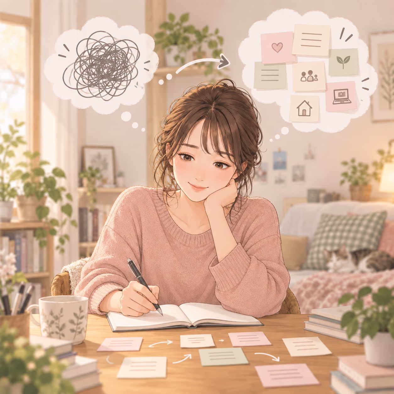 Young woman in a pink sweater writes in a notebook, thinking as a messy scribble resolves into organized notes and icons in her thoughts.