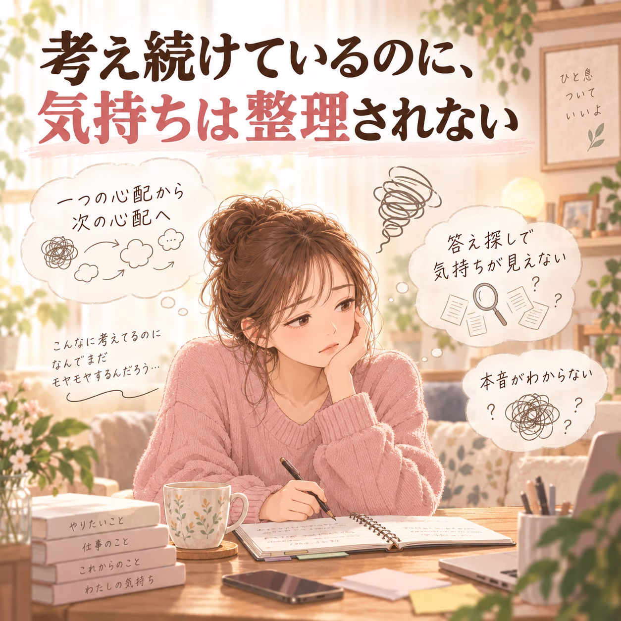 Cozy study scene of a woman in a pink sweater writing in a notebook, surrounded by thought bubbles about worries and questions.