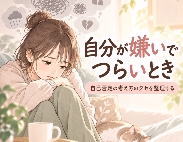 A sad young woman sits curled up on a sofa with a sleeping cat nearby, overlaid with Japanese text about feeling disliked and struggling with self-doubt (Self-Help cover).