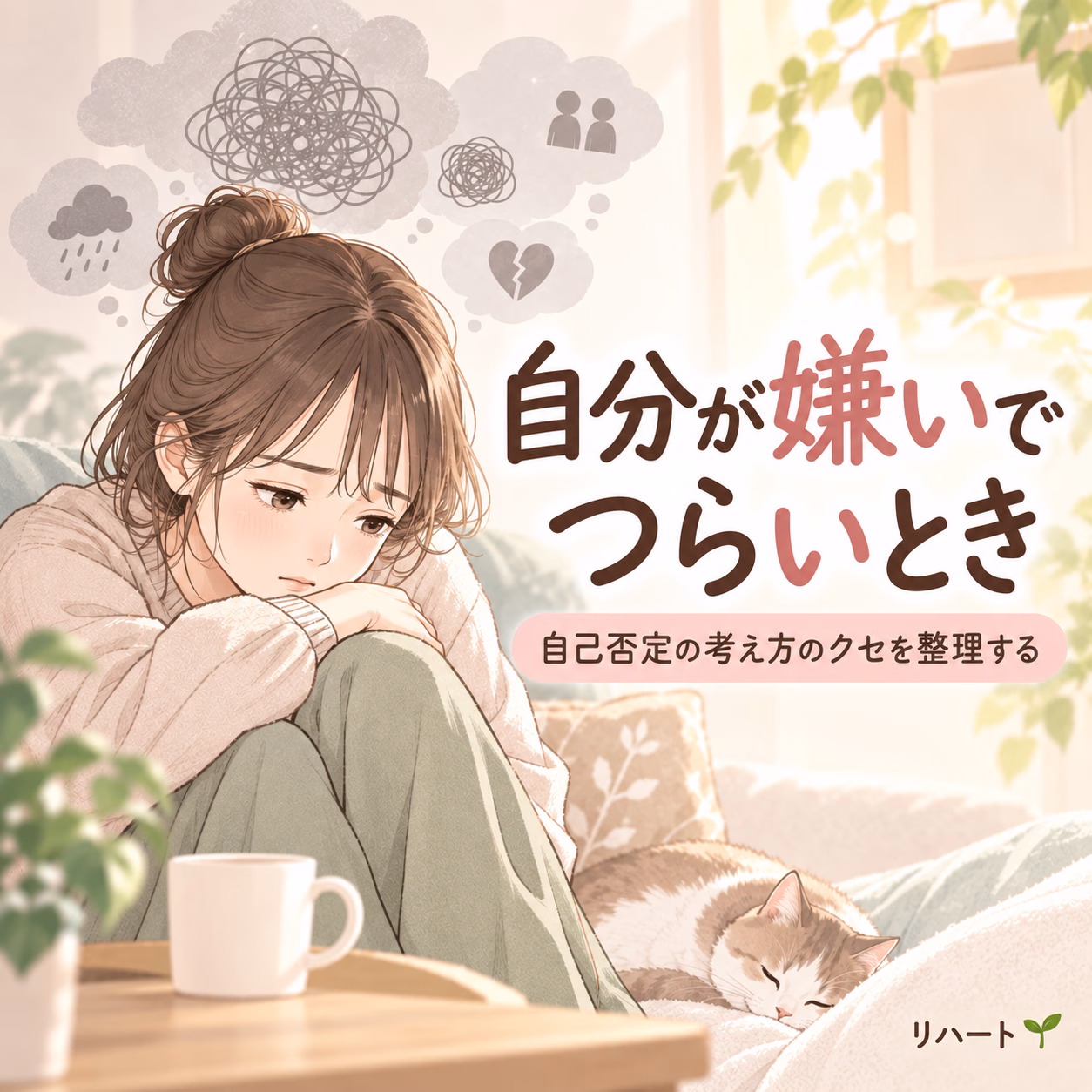 A sad young woman sits curled up on a sofa with a sleeping cat nearby, overlaid with Japanese text about feeling disliked and struggling with self-doubt (Self-Help cover).