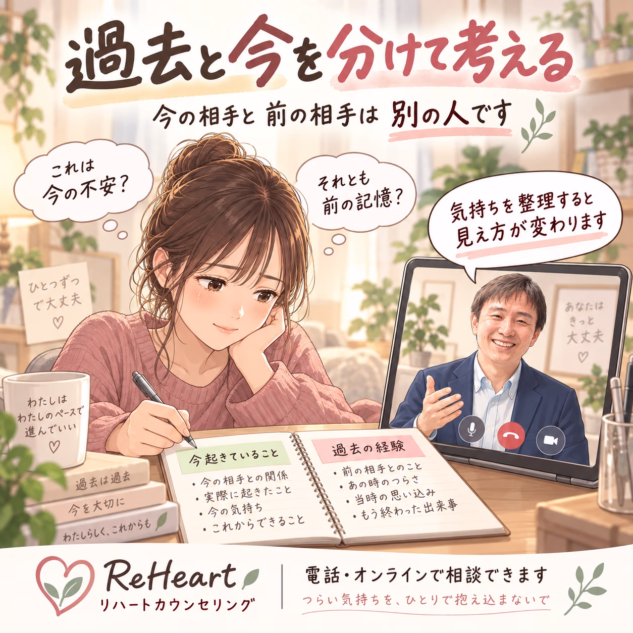 Young woman writes in a notebook during a video counseling session, with a smiling counselor on a laptop screen; ReHeart counseling banner in the scene.